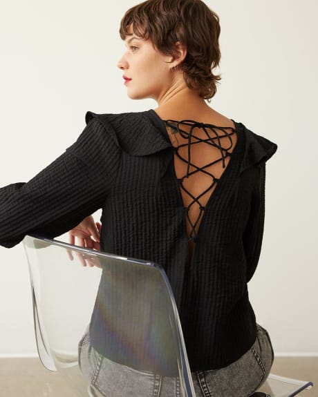 Long-Sleeve Ruffled Blouse with Lace-Up Back