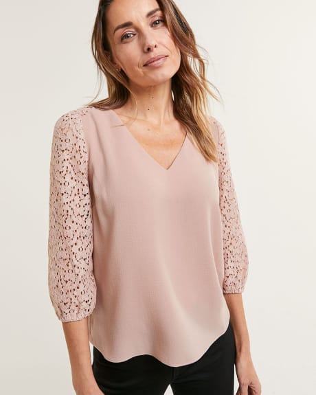 3/4 Sleeve V-Neck Blouse with Lace Inserts