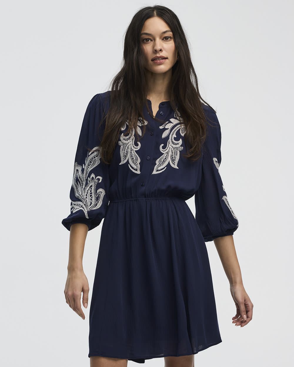 Long-Sleeve Crew-Neck Dress with Embroidered Details