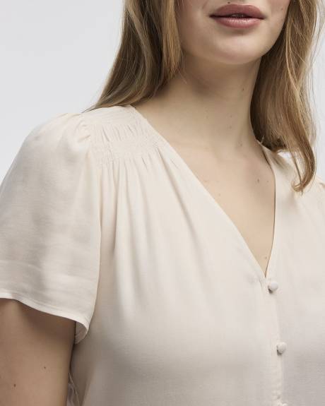 V-Neck Buttoned-Down Blouse with Short Flutter Sleeves