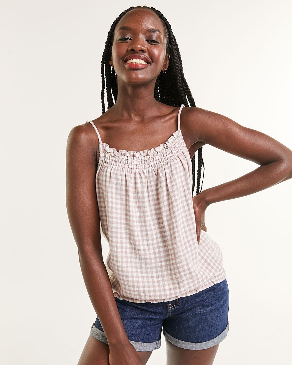 Gingham-Printed Cami With Smocking