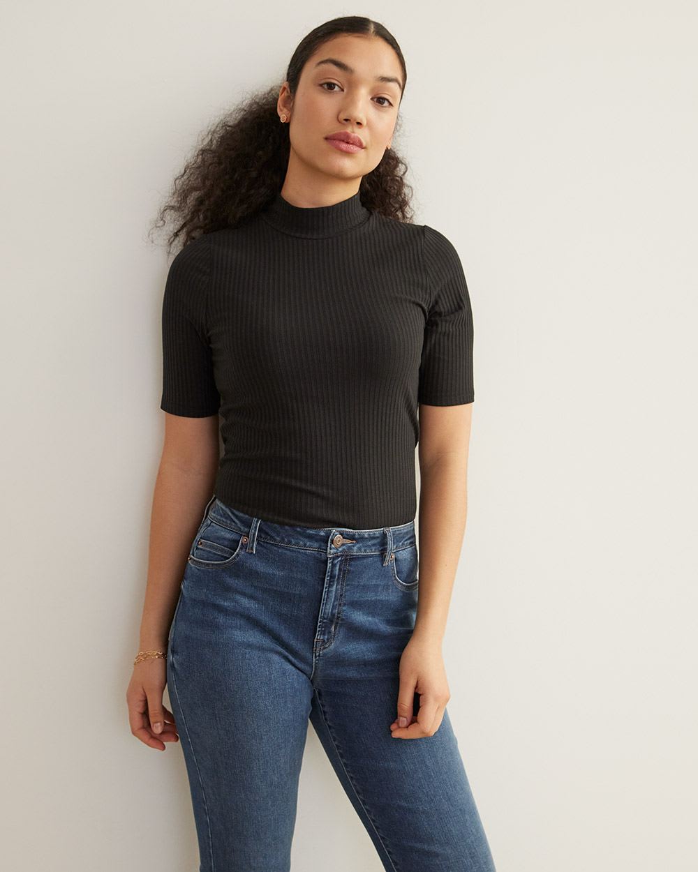 Elbow-Sleeve Ribbed Mock-Neck Top
