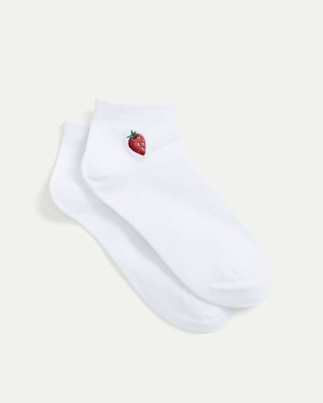 Cotton Anklet Socks with Strawberry at Hem