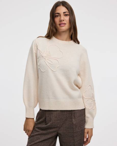 Pull à manches longues et col rond avec fleurs en soutache