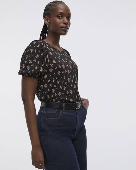 Puffy-Elbow-Sleeve Crew-Neck Top