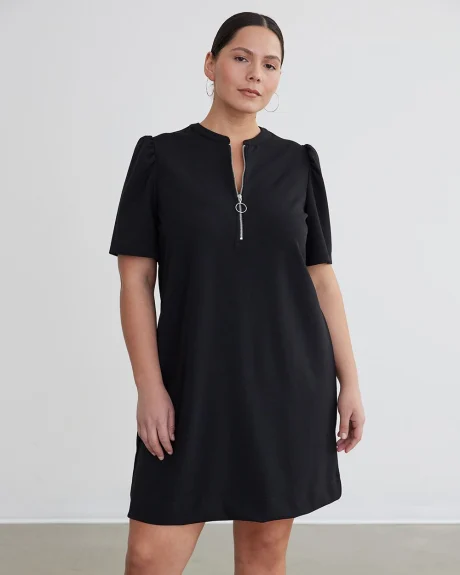 Puffy-Short-Sleeve Dress with Half-Zip Neckline