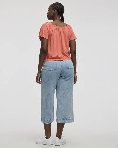 Short-Flutter-Sleeve Open-Neck Buttoned-Down Top