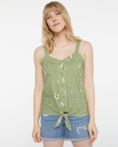 Cotton-Linen Blend Printed Tank with Front Tie