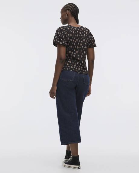 Puffy-Elbow-Sleeve Crew-Neck Top