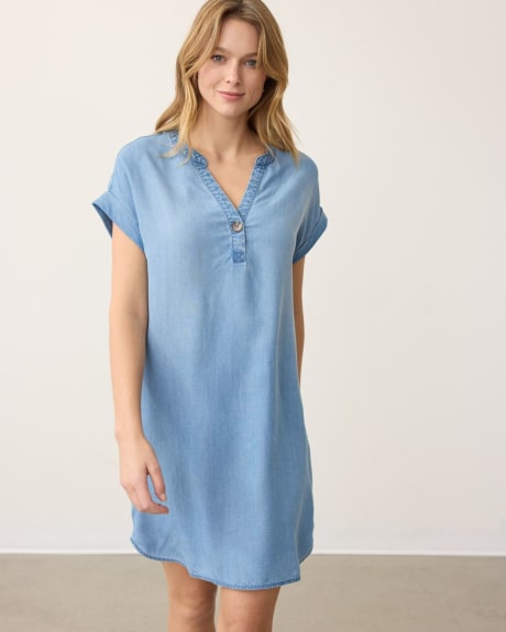 Short-Sleeve Shift Tencel Dress with Split Neckline