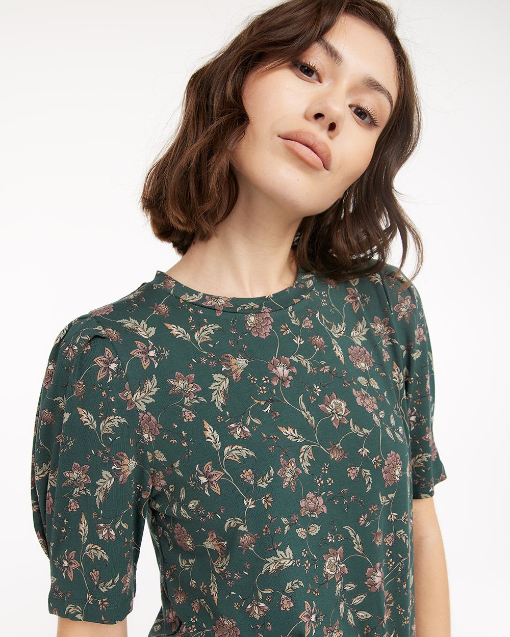 Crew-Neck Top with Puffy Elbow Sleeves