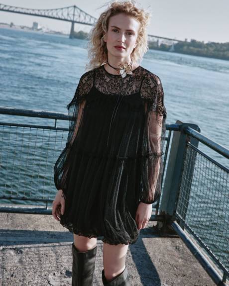 Long-Sleeve Tulle Bubble Mini Dress