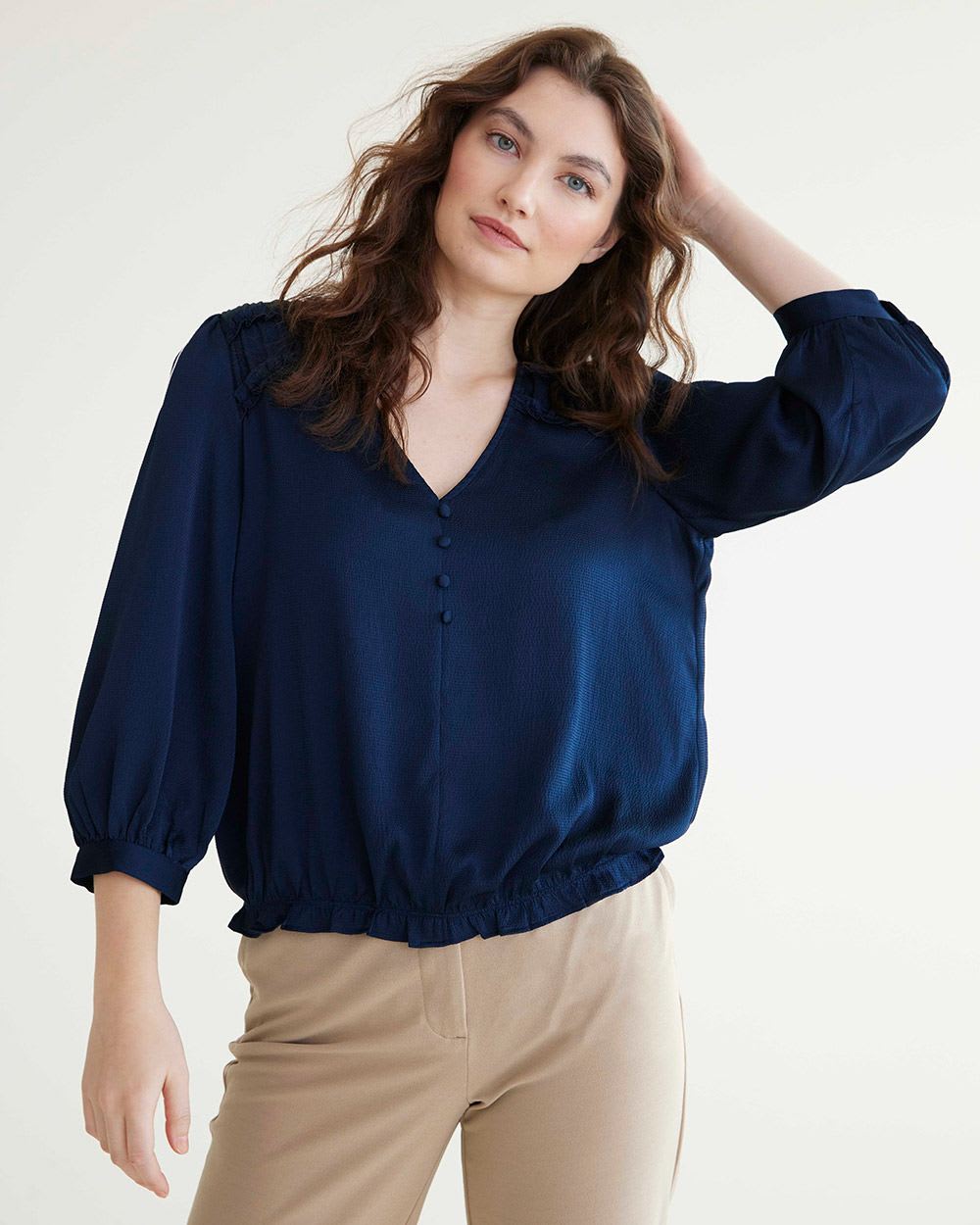 3/4-Sleeve Blouse with Buttoned V-Neckline