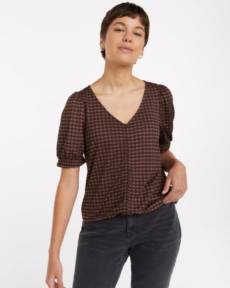Printed Short-Sleeve Top with Decorative Buttons