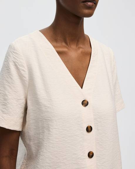 Short-Sleeve V-Neck Buttoned-Down Blouse
