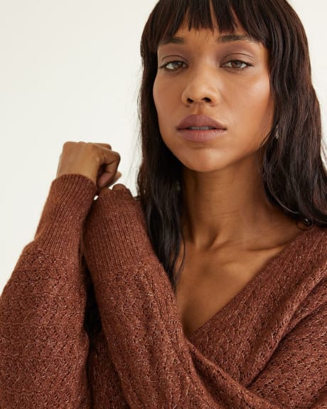 Long-Sleeve Wrap V-Neck Sweater with Pointelle Stitches
