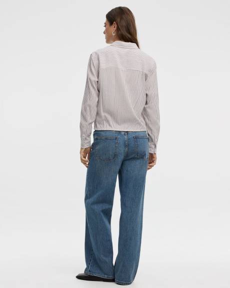 Seersucker Long-Sleeve Buttoned-Down Blouse