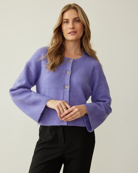 Loose Crew-Neck Cardigan with Long Pagoda Sleeves