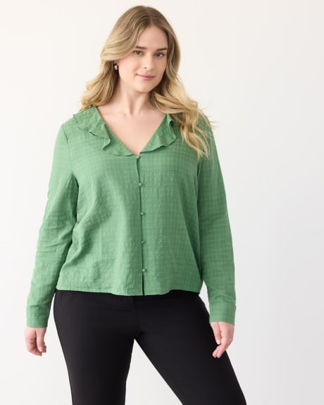 Long-Sleeve V-Neck Blouse with Ruffles