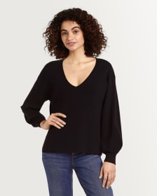 Knit V Neck Pullover with Long Balloon Sleeves