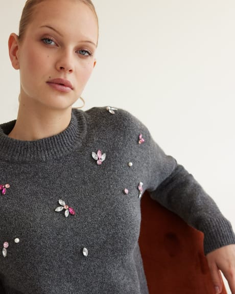 Long-Sleeve Crew-Neck Sweater with Jewel Embellishments