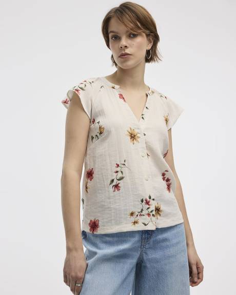 Short-Flutter-Sleeve Split-Neck Buttoned-Down Blouse