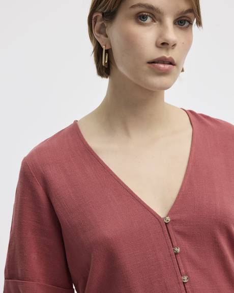 Short-Sleeve V-Neck Buttoned-Down Dress