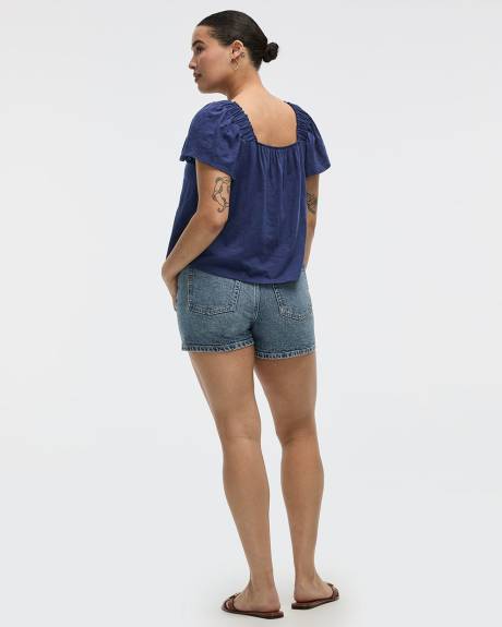 Square-Neck Blouse with Short Flutter Sleeves