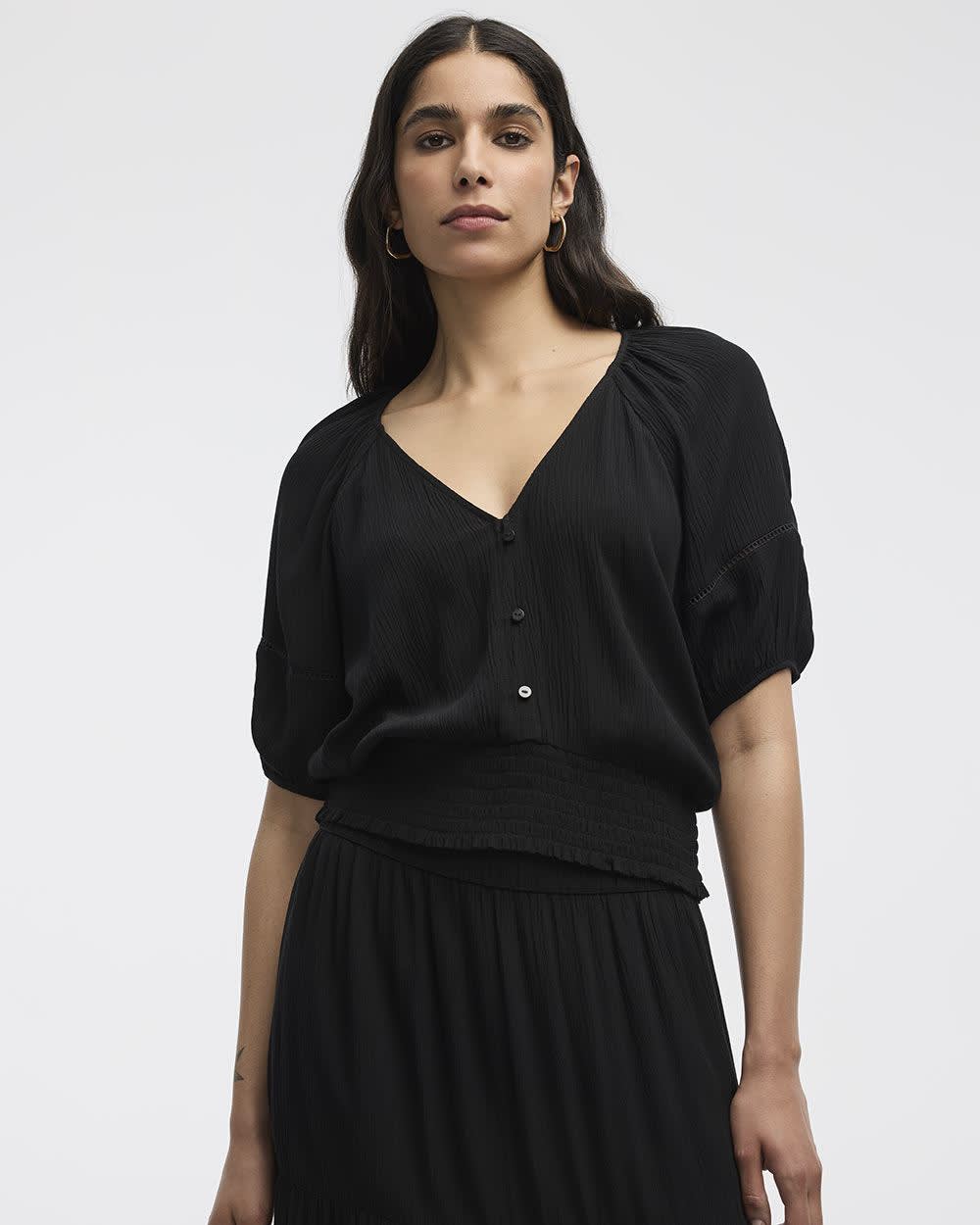 Short-Puffy-Sleeve Top with V Neckline