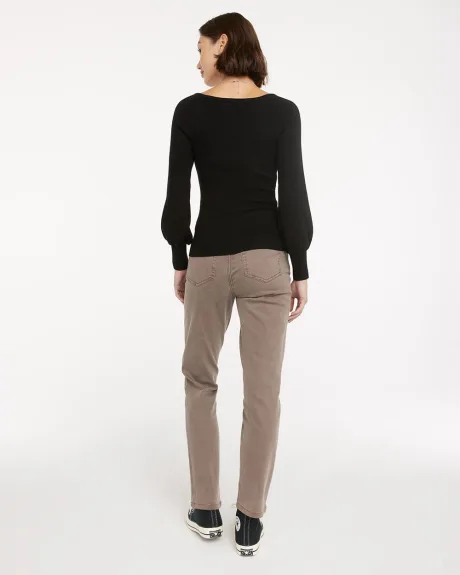 Ribbed V-Neck Pullover with Long Balloon Sleeves