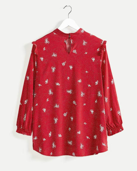 3/4 Sleeve Mock Neck Printed Blouse with Ruffles