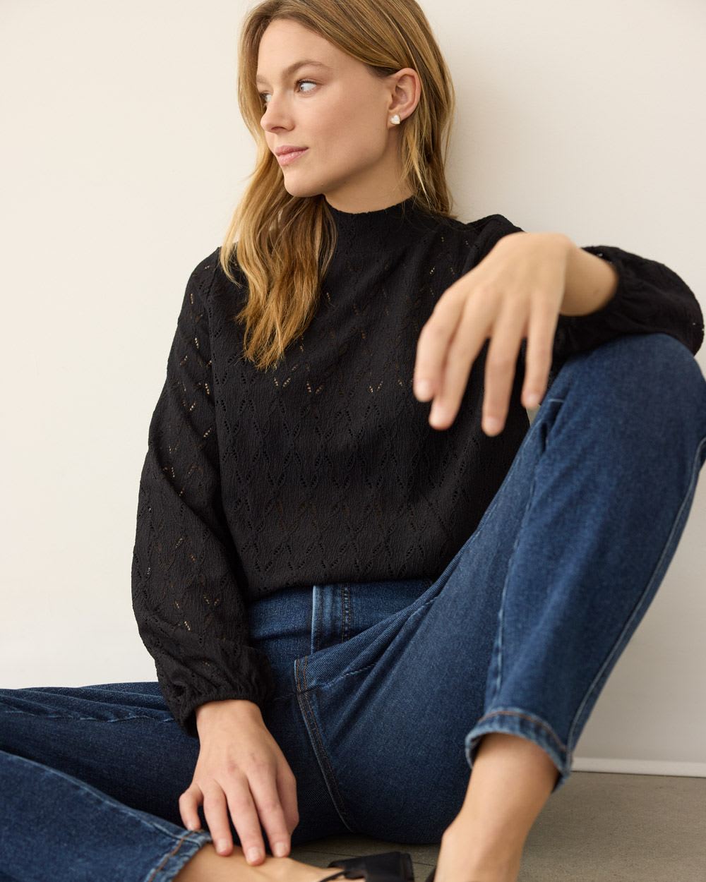 Long-Sleeve Eyelet Top with Mock Neckline