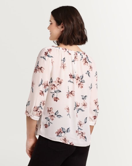 3/4 Sleeve Boat Neck with Band & Shirring Printed Blouse - Petite