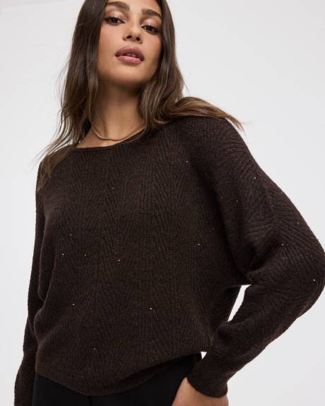 Long-Sleeve Boat-Neck Boxy Sweater with All-Over Sequins