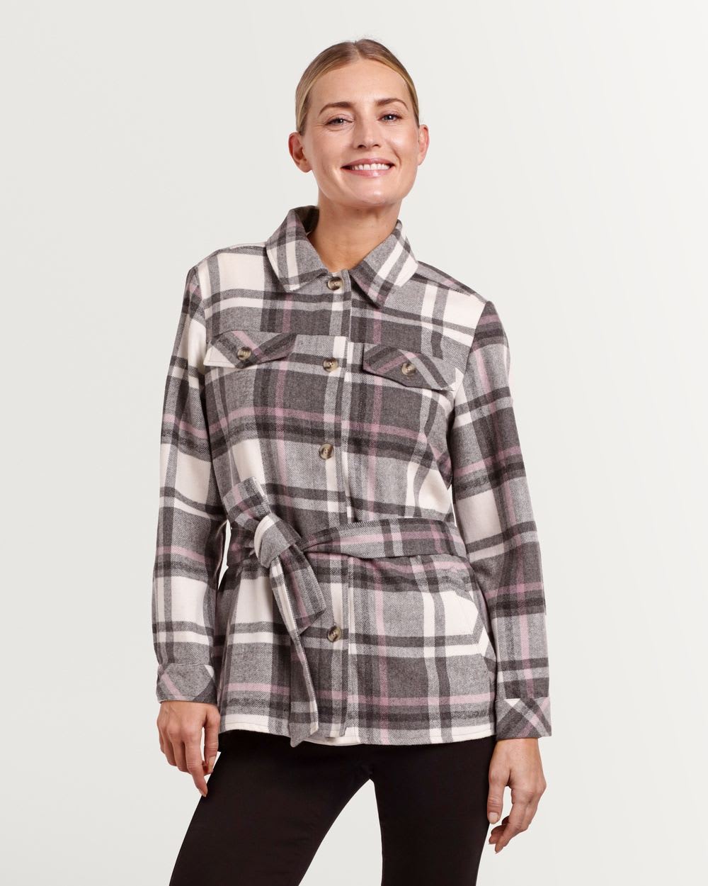 Plaid Belted Shacket with Pockets