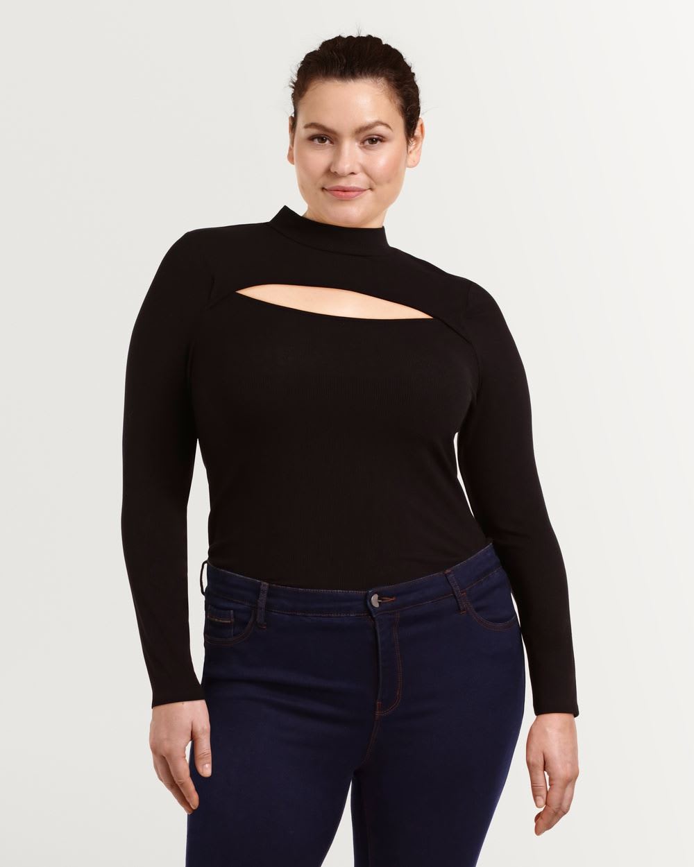 Rib Knit Mock Neck Pullover with Cut Out Accent