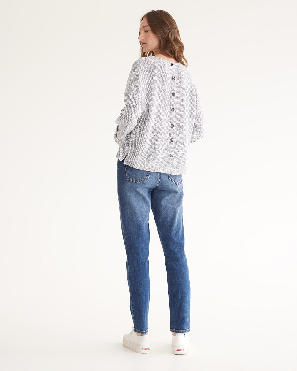 3/4-Sleeve Textured Top with Buttoned Back