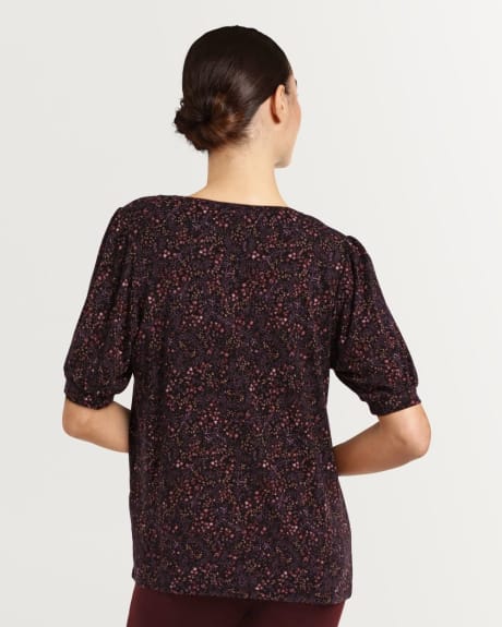 3/4 Elbow Puff Sleeve V Neck Printed Top