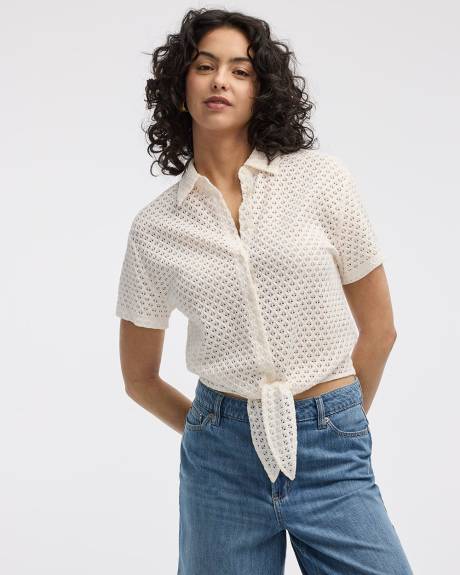 Short-Sleeve Crochet Top with Shirt Collar