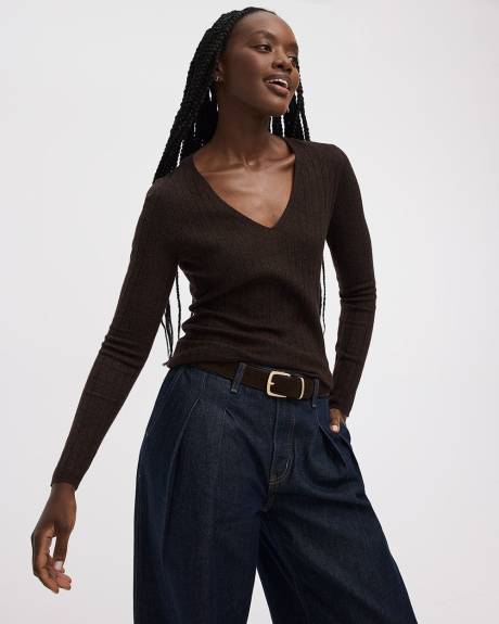 Long-Sleeve V-Neck Pullover with Wide Ribs