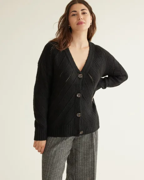 Long-Sleeve Long Open Cardigan with Pointelle Stitches