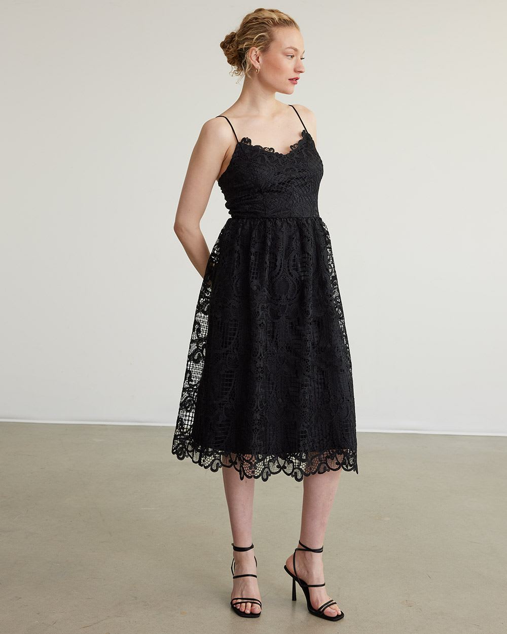 Sleeveless Midi Lace Dress with V Neckline