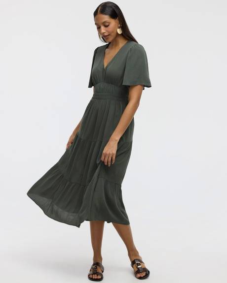 Short-Flutter-Sleeve V-Neck Tiered Midi Dress - Toni Fifi. Reitmans
