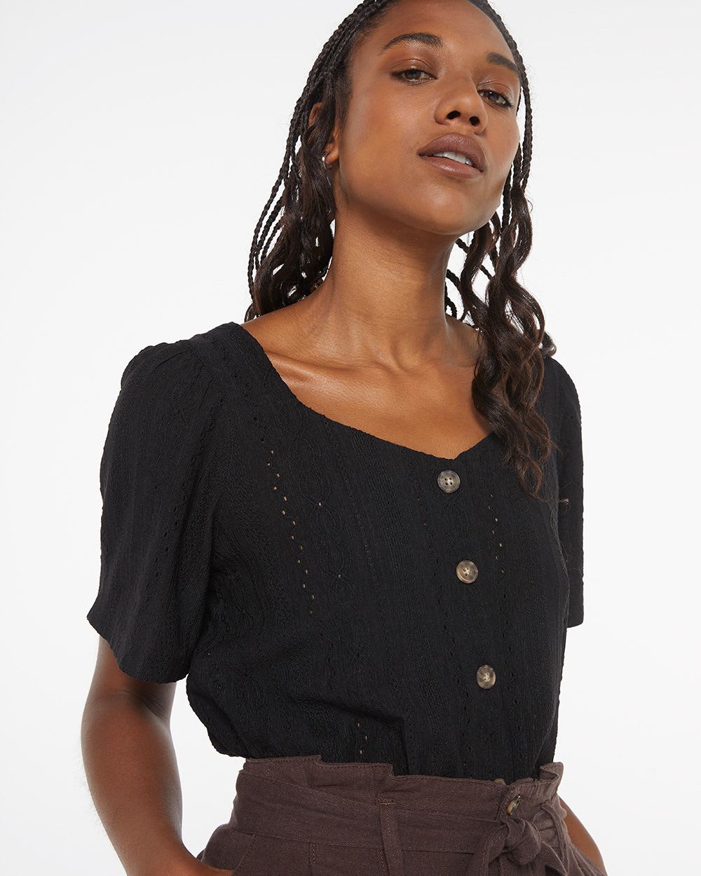Solid Eyelet Top with Flutter Sleeves