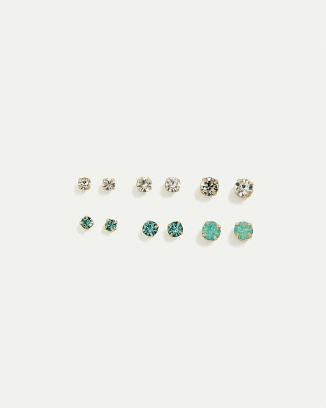 Stud Earrings with Green and Clear Stones - 6 Pairs