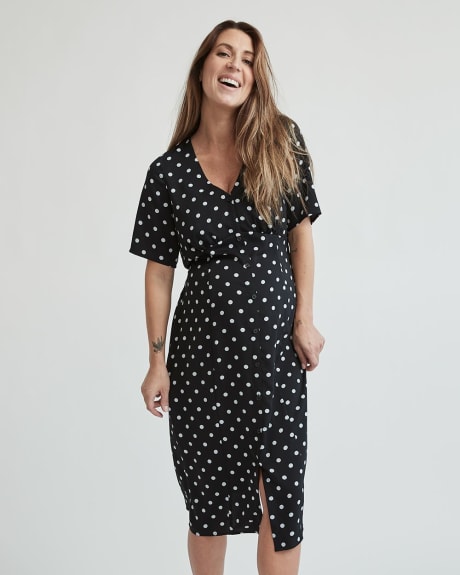 Crepe Buttondown Short-Sleeve Nursing Maxi Dress - Thyme Maternity