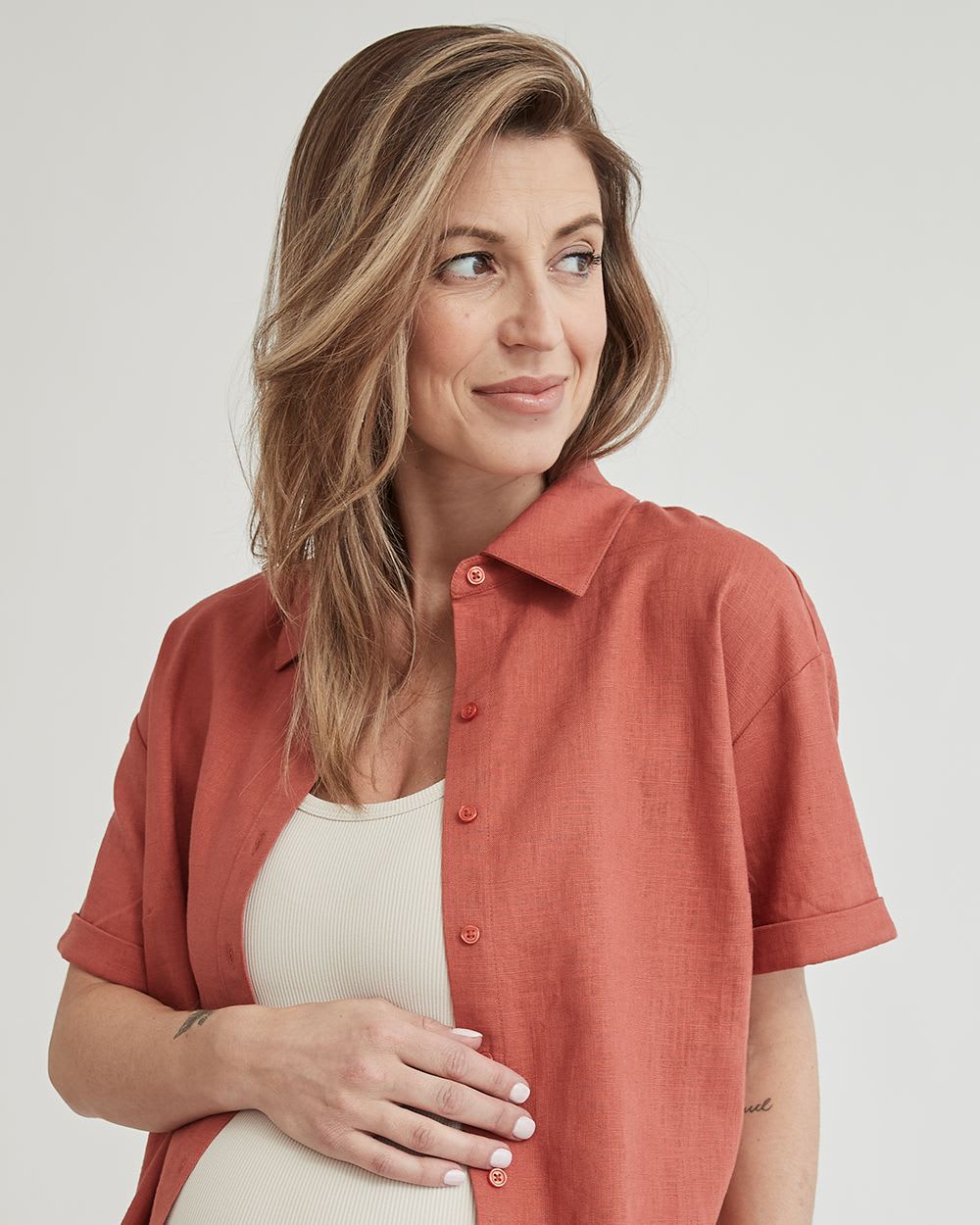 Linen Blend Short Sleeve Buttondown Blouse - Thyme Maternity