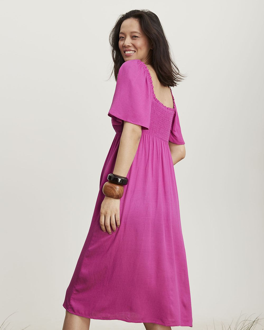 Linen Blend Smocked Short Sleeve Midi Dress - Thyme Maternity