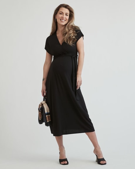 Nursing Wrap Short Sleeve Midi Dress with Sash - Thyme Maternity