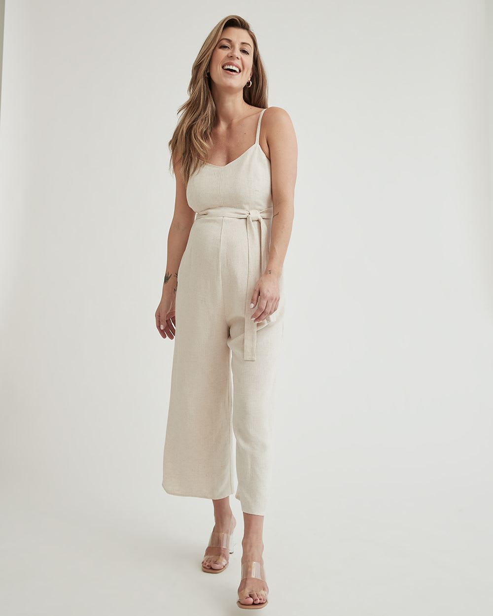 Linen Blend Jumpsuit with Adjustable Straps and Waist Sash - Thyme Maternity